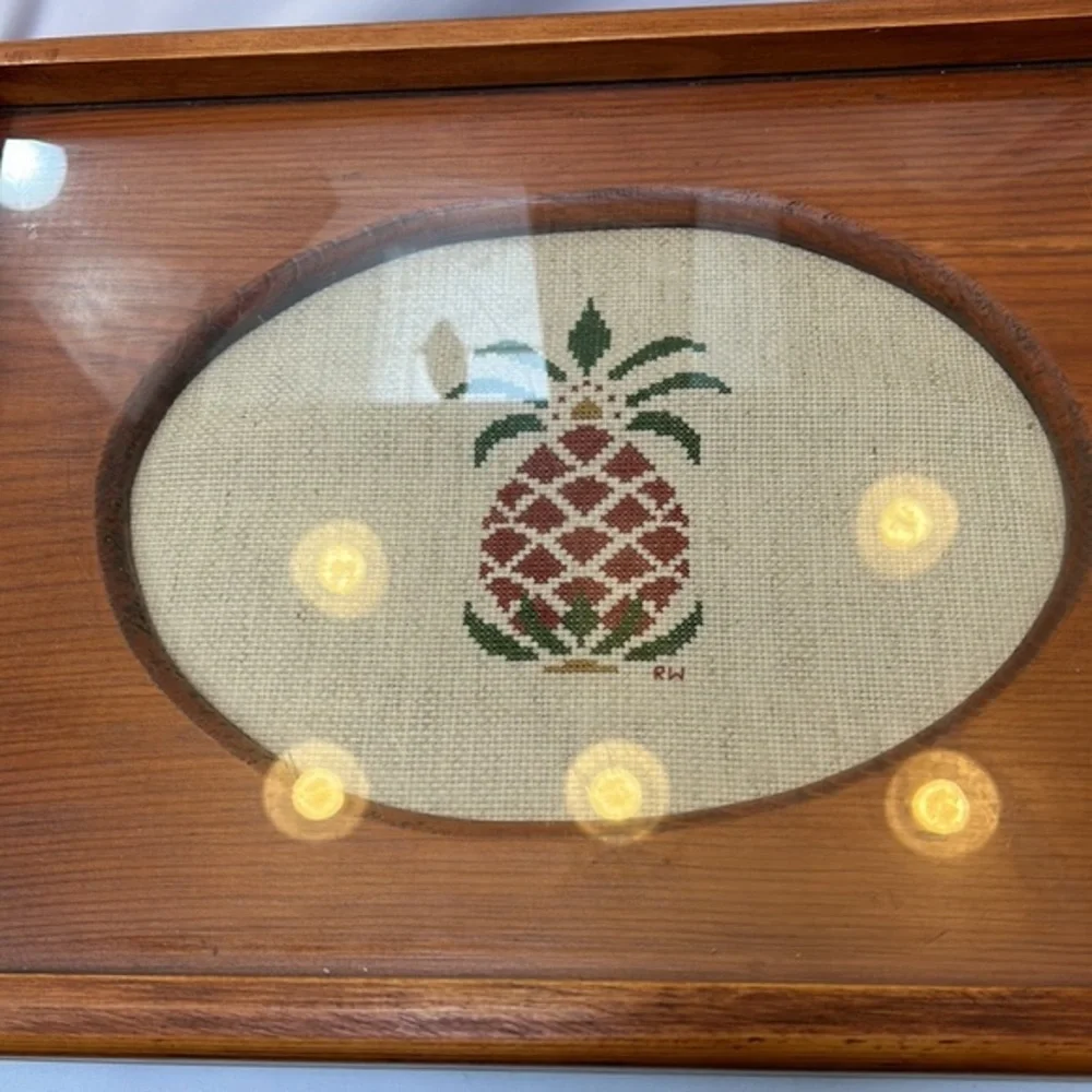 Wooden Tray with Glass Top Covering a Hand Cross Stitched Pineapple
